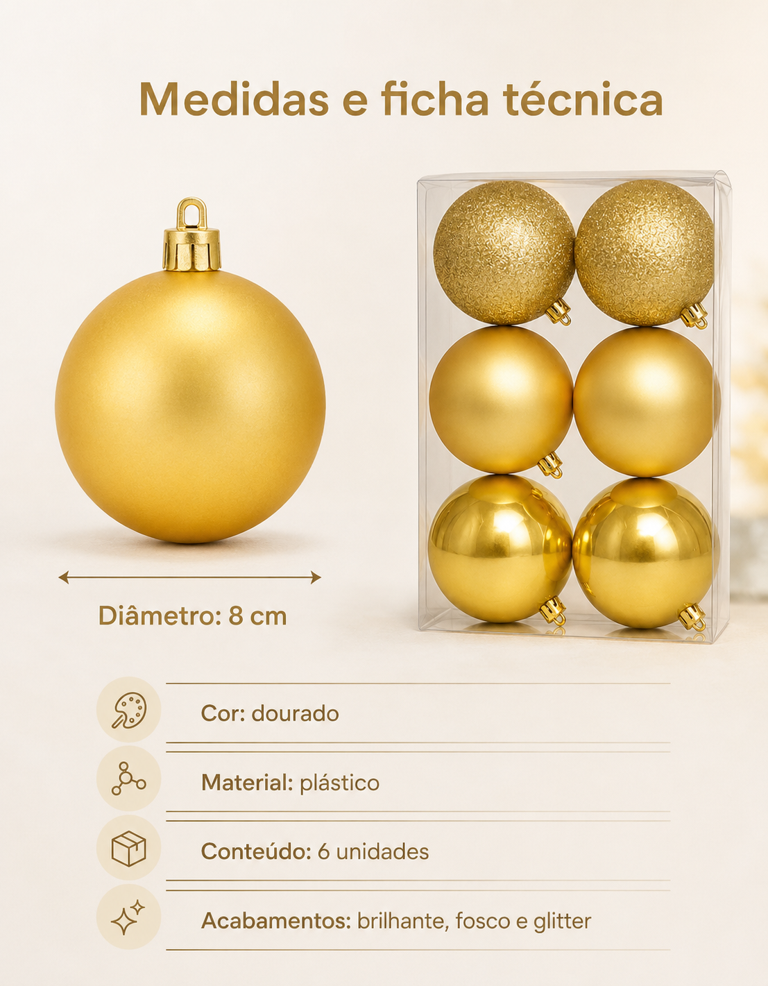 Set of 6 Gold Christmas Ornaments 8cm - Shiny, Matte and Glitter