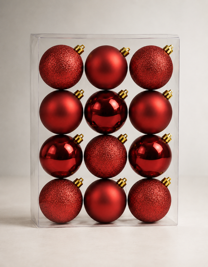 Set of 12 Dark Red Christmas Ornaments 4cm - Shiny, Matte and Glitter