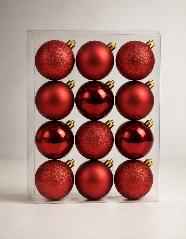 Set of 12 Dark Red Christmas Ornaments 4cm - Shiny, Matte and Glitter