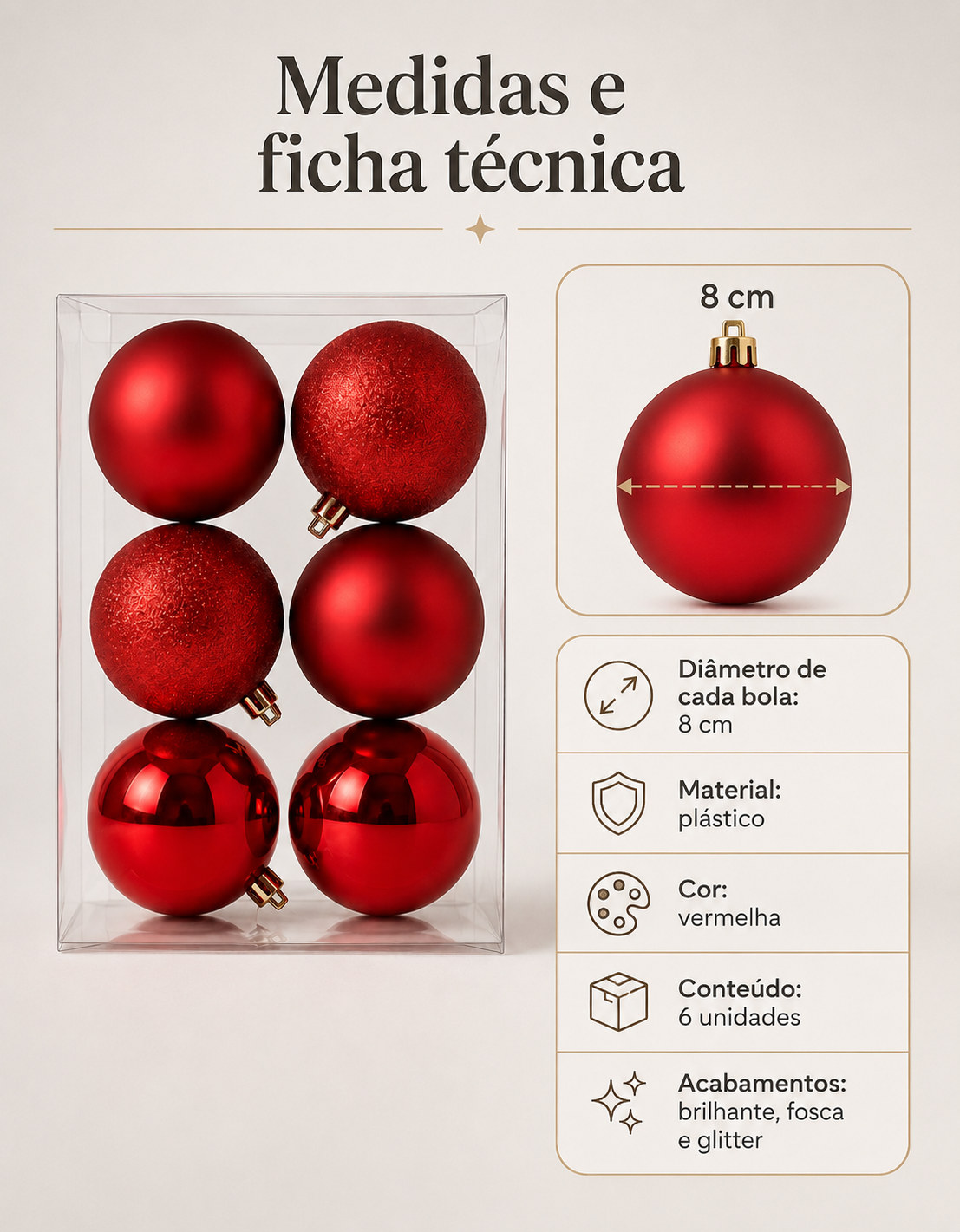 Set of 6 Red Christmas Ornaments 8cm - Shiny, Matte and Glitter