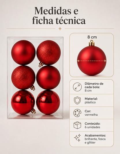 Set of 6 Red Christmas Ornaments 8cm - Shiny, Matte and Glitter