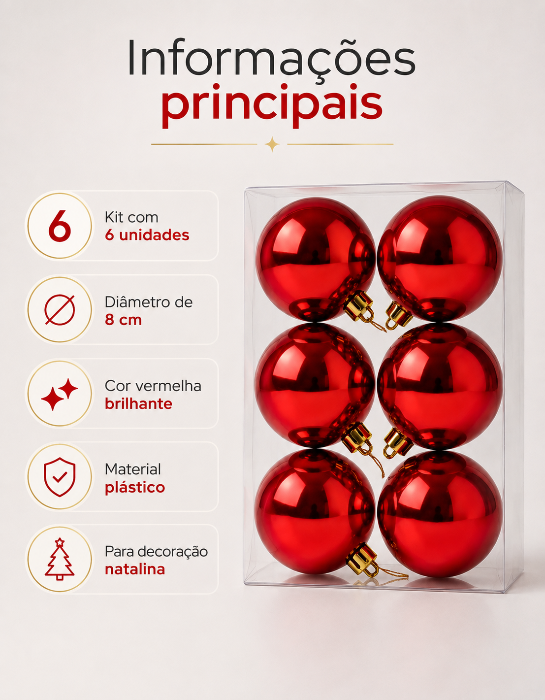 Set of 6 Red Shiny Christmas Ornaments 8cm