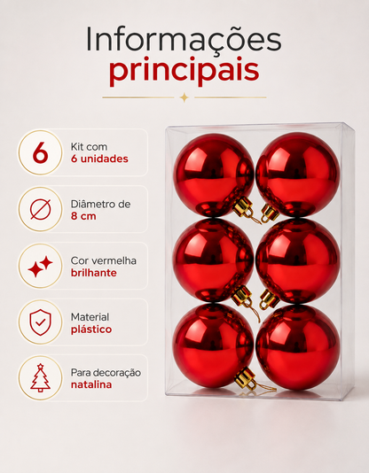 Set of 6 Red Shiny Christmas Ornaments 8cm
