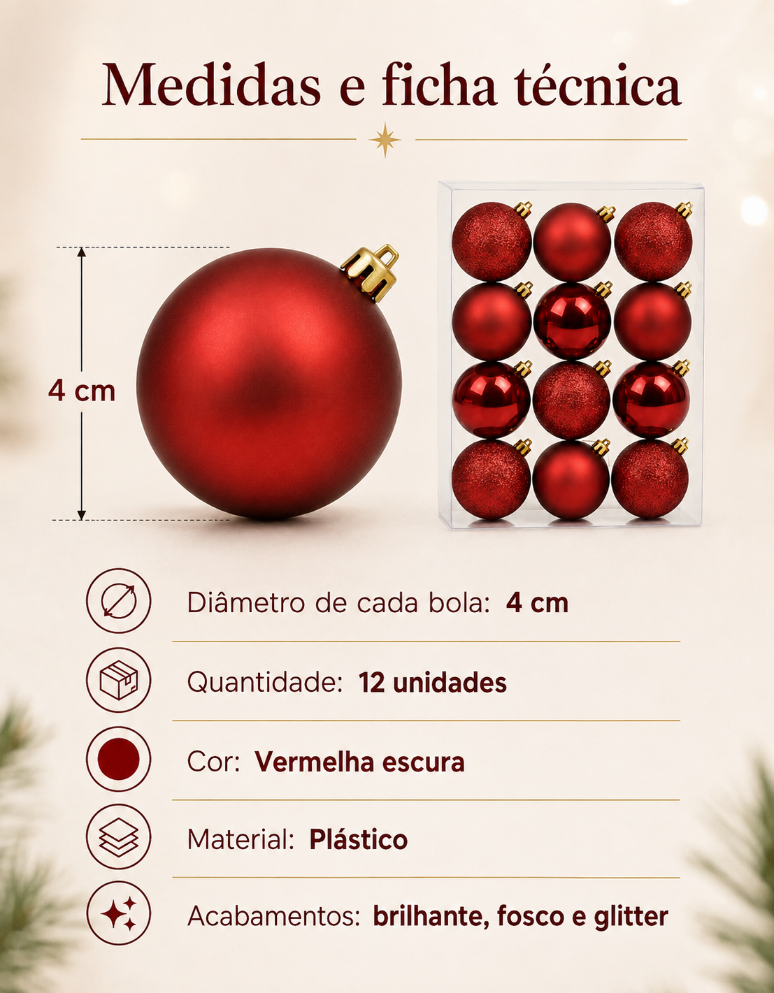 Set of 12 Dark Red Christmas Ornaments 4cm - Shiny, Matte and Glitter