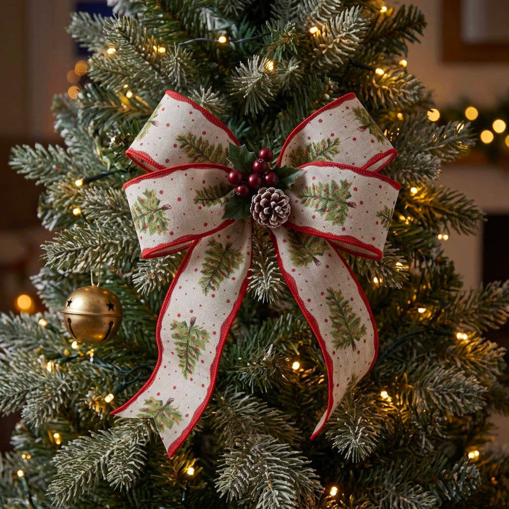Linen Wired Ribbon with Christmas Tree Print 9m