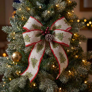 Linen Wired Ribbon with Christmas Tree Print 9m
