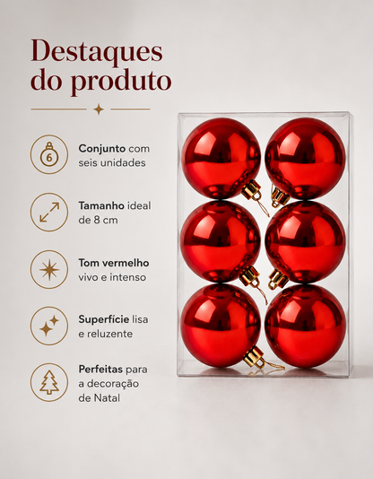 Set of 6 Red Shiny Christmas Ornaments 8cm