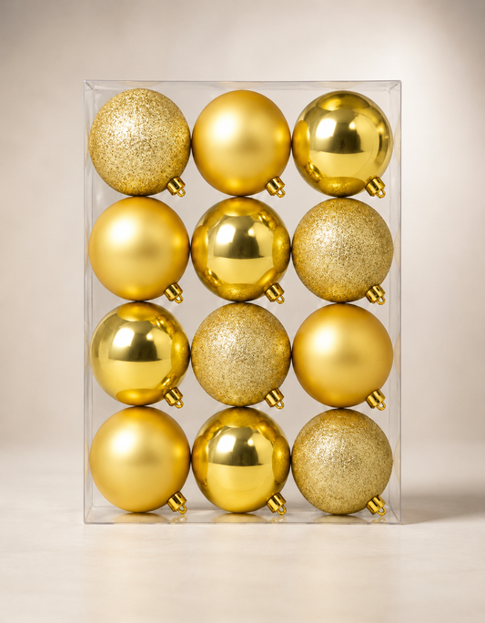 Set of 12 Gold Christmas Ornaments 4cm - Shiny, Matte and Glitter