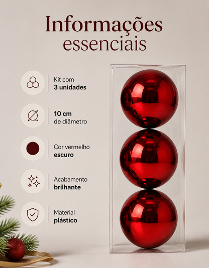 Set of 3 Dark Red Shiny Christmas Ornaments 10cm