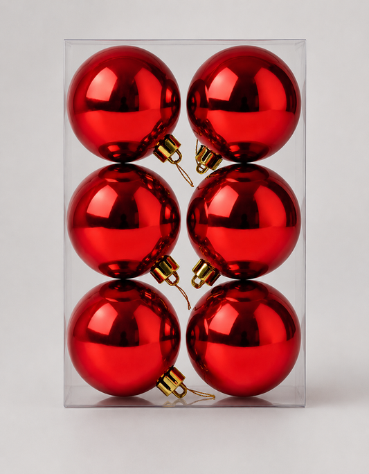 Set of 6 Red Shiny Christmas Ornaments 8cm