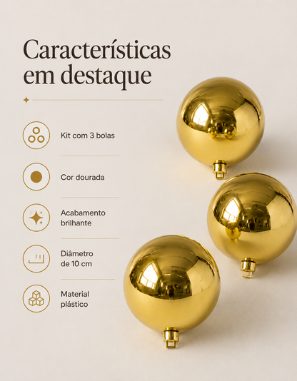 Set of 3 Gold Shiny Christmas Ornaments 10cm