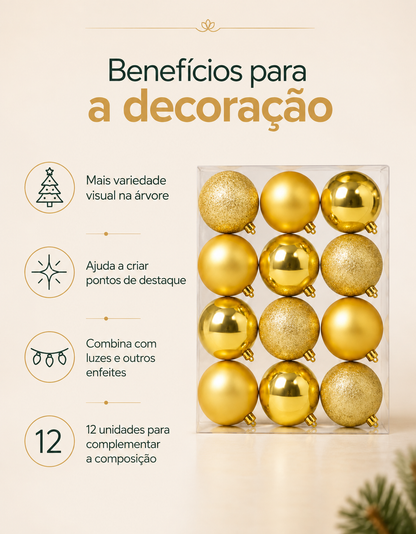 Set of 12 Gold Christmas Ornaments 4cm - Shiny, Matte and Glitter