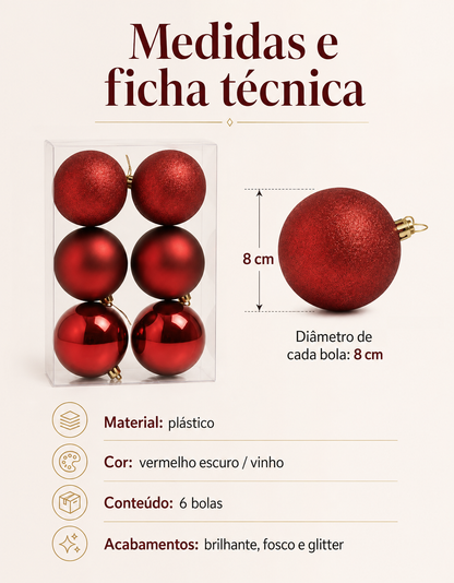 Set of 6 Dark Red Christmas Ornaments 8cm - Shiny, Matte and Glitter