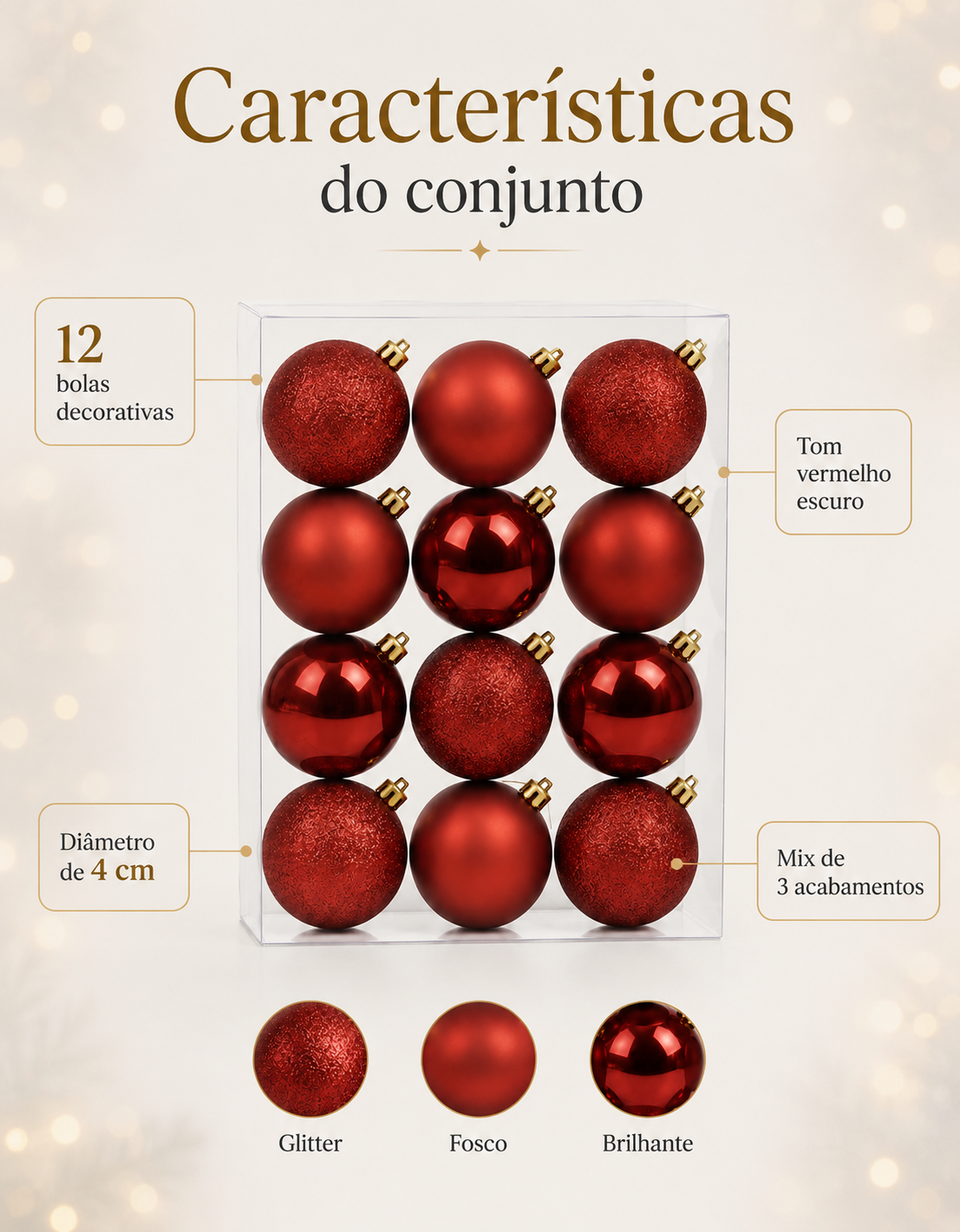 Set of 12 Dark Red Christmas Ornaments 4cm - Shiny, Matte and Glitter