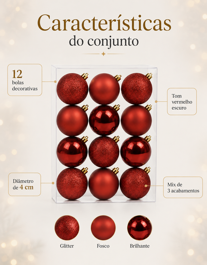 Set of 12 Dark Red Christmas Ornaments 4cm - Shiny, Matte and Glitter