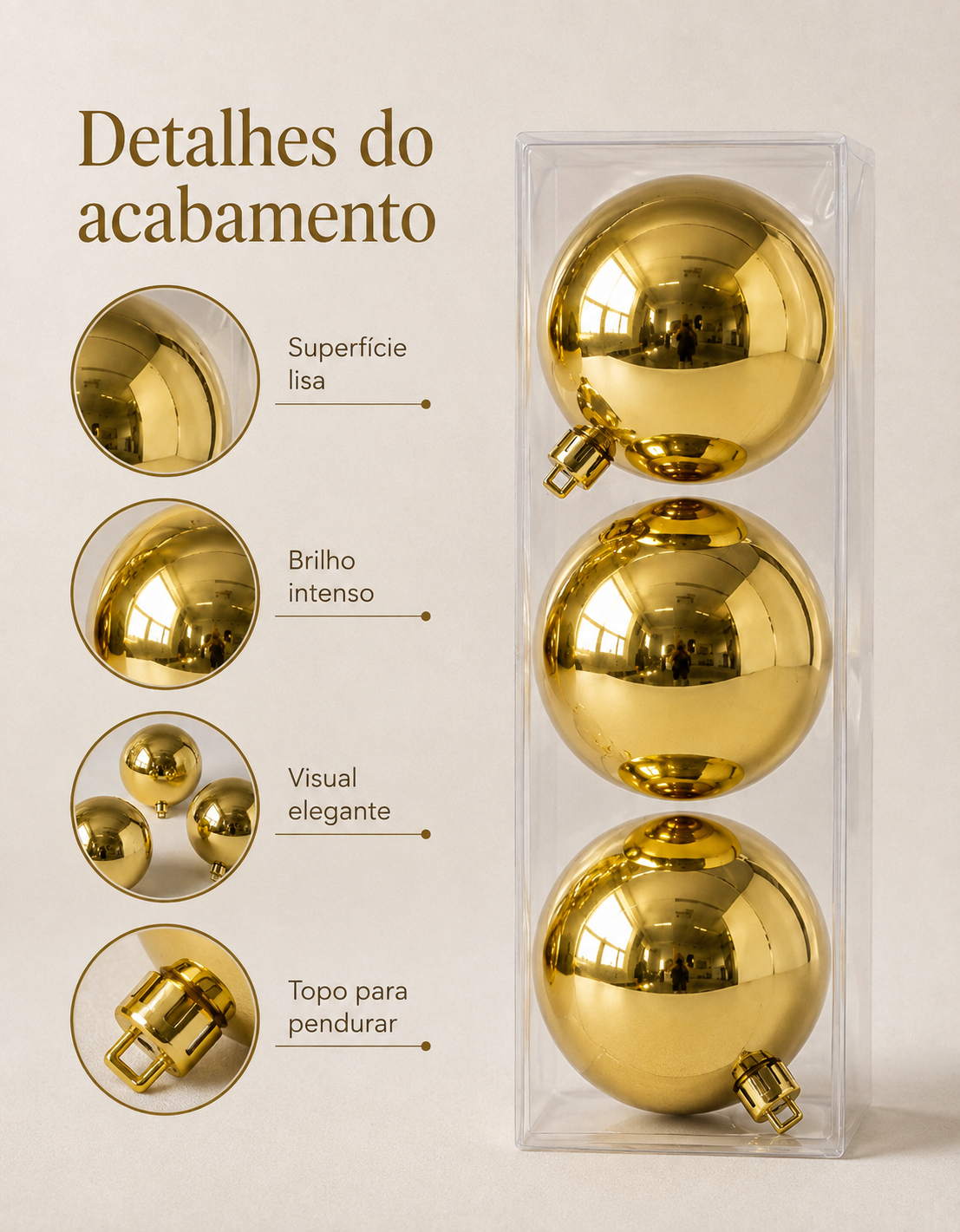 Set of 3 Gold Shiny Christmas Ornaments 10cm