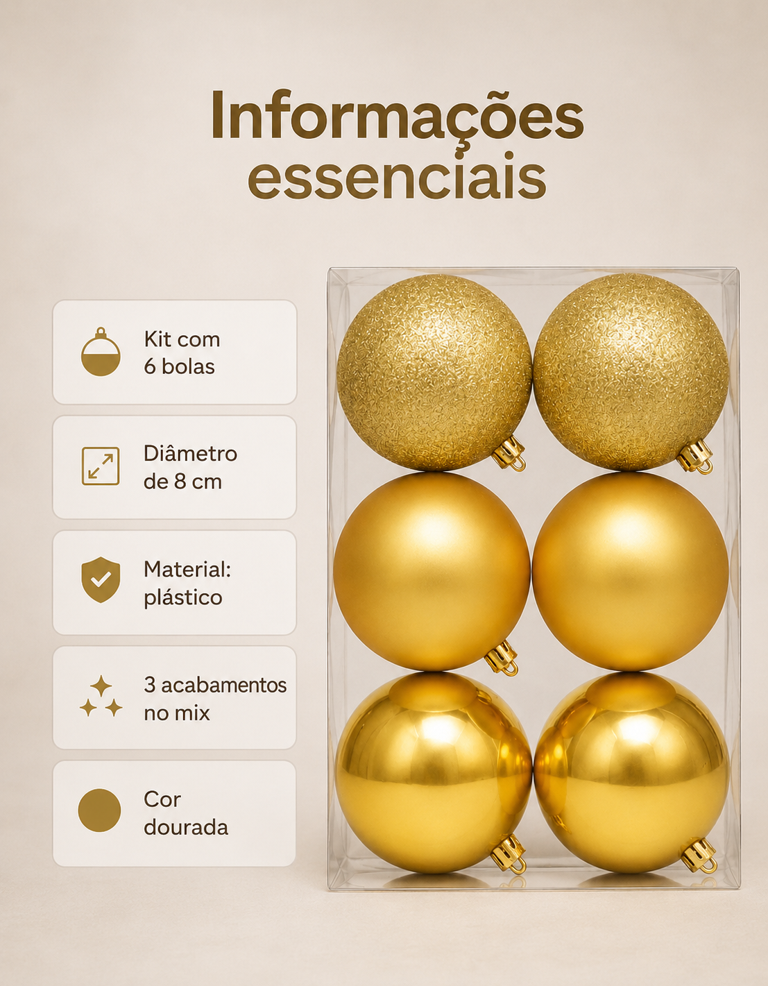 Set of 6 Gold Christmas Ornaments 8cm - Shiny, Matte and Glitter