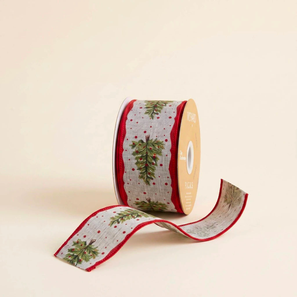Linen Wired Ribbon with Christmas Tree Print 9m