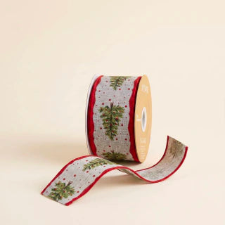 Linen Wired Ribbon with Christmas Tree Print 9m