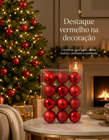 Set of 12 Red Christmas Ornaments 4cm - Shiny, Matte and Glitter