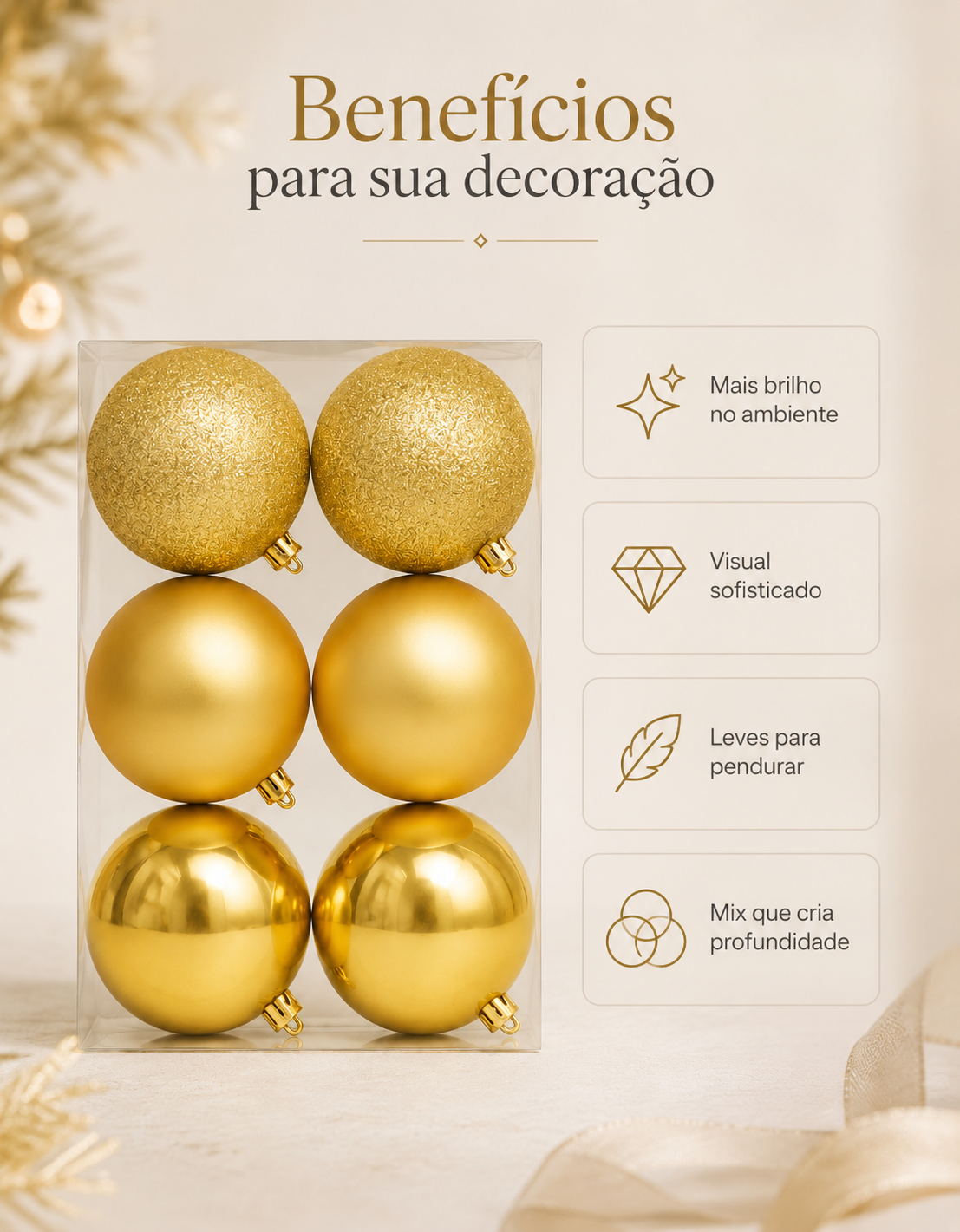 Set of 6 Gold Christmas Ornaments 8cm - Shiny, Matte and Glitter