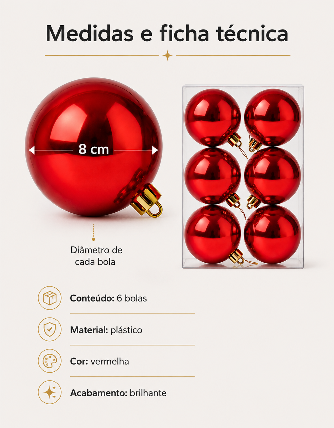 Set of 6 Red Shiny Christmas Ornaments 8cm