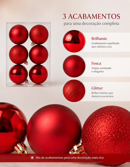 Set of 6 Red Christmas Ornaments 8cm - Shiny, Matte and Glitter