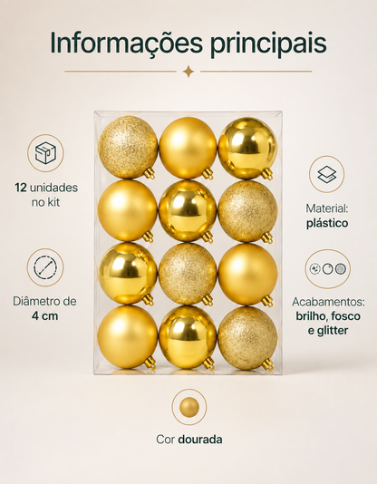 Set of 12 Gold Christmas Ornaments 4cm - Shiny, Matte and Glitter