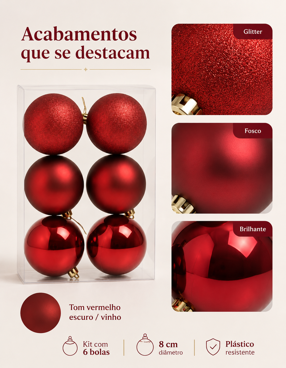 Set of 6 Dark Red Christmas Ornaments 8cm - Shiny, Matte and Glitter