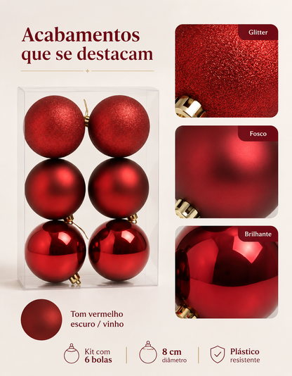 Set of 6 Dark Red Christmas Ornaments 8cm - Shiny, Matte and Glitter