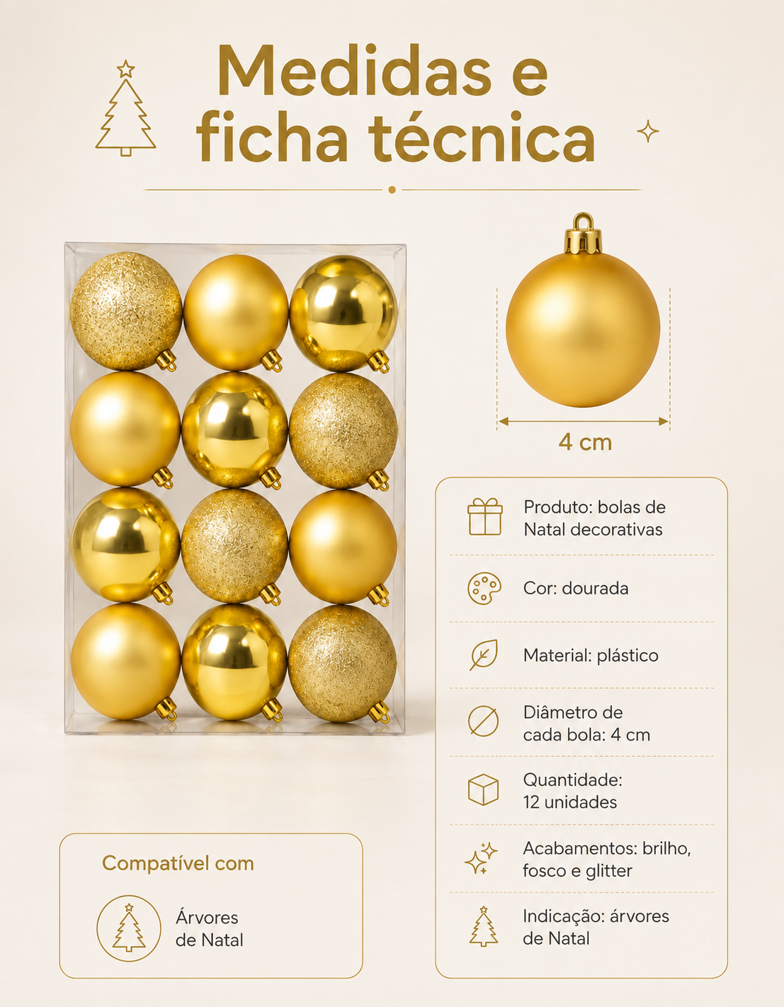 Set of 12 Gold Christmas Ornaments 4cm - Shiny, Matte and Glitter