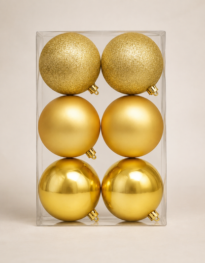 Set of 6 Gold Christmas Ornaments 8cm - Shiny, Matte and Glitter