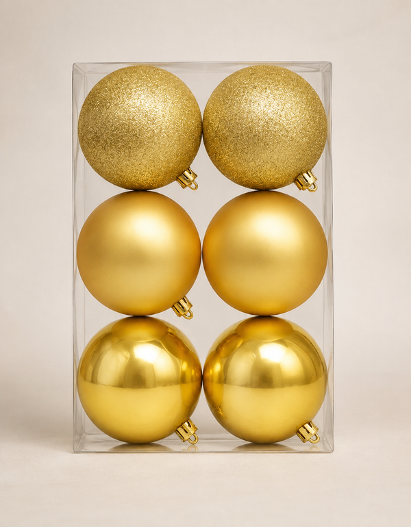 Set of 6 Gold Christmas Ornaments 8cm - Shiny, Matte and Glitter