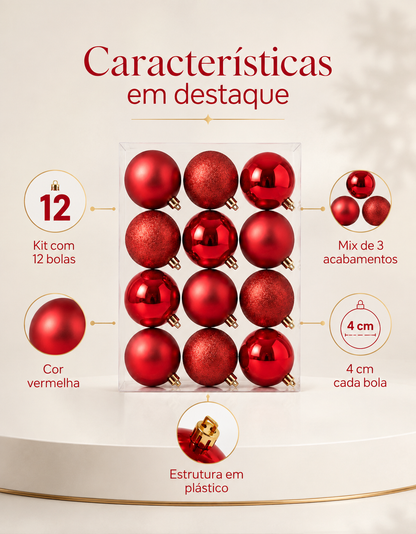 Set of 12 Red Christmas Ornaments 4cm - Shiny, Matte and Glitter