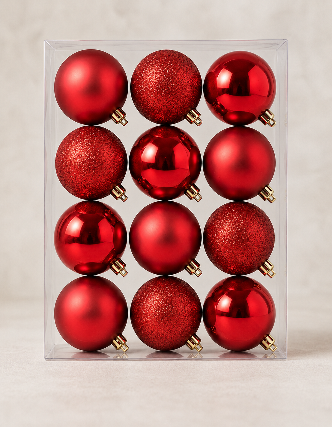 Set of 12 Red Christmas Ornaments 4cm - Shiny, Matte and Glitter