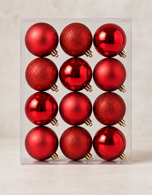Set of 12 Red Christmas Ornaments 4cm - Shiny, Matte and Glitter