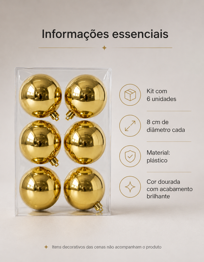 Set of 6 Gold Shiny Christmas Ornaments 8cm