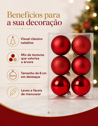 Set of 6 Red Christmas Ornaments 8cm - Shiny, Matte and Glitter