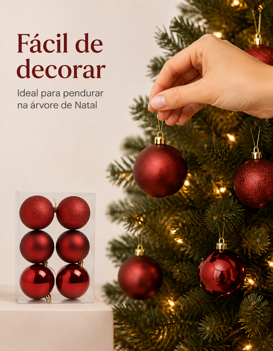 Set of 6 Dark Red Christmas Ornaments 8cm - Shiny, Matte and Glitter