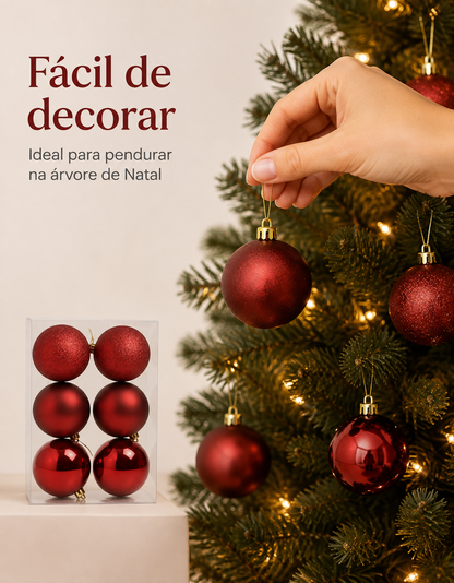 Set of 6 Dark Red Christmas Ornaments 8cm - Shiny, Matte and Glitter