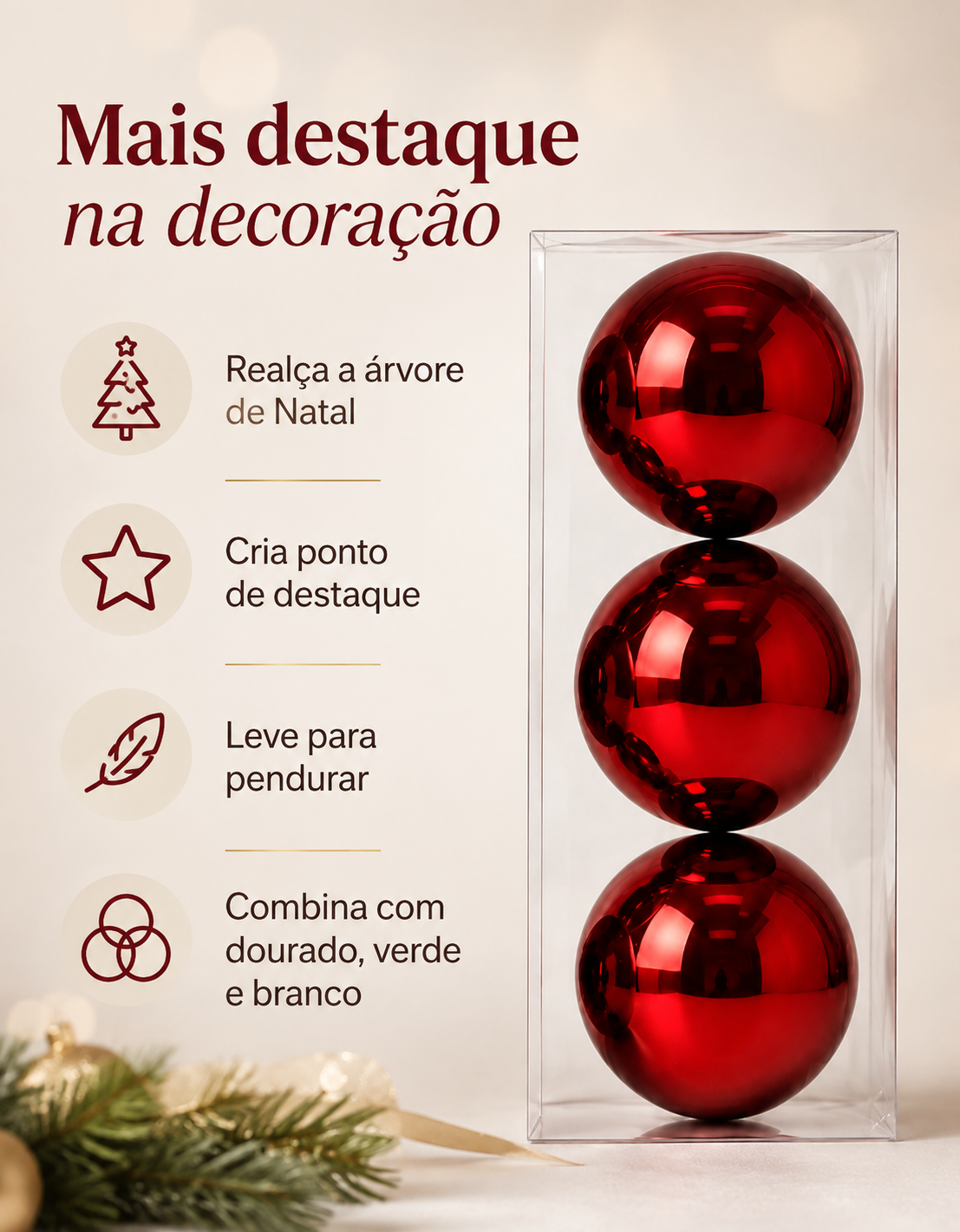 Set of 3 Dark Red Shiny Christmas Ornaments 10cm