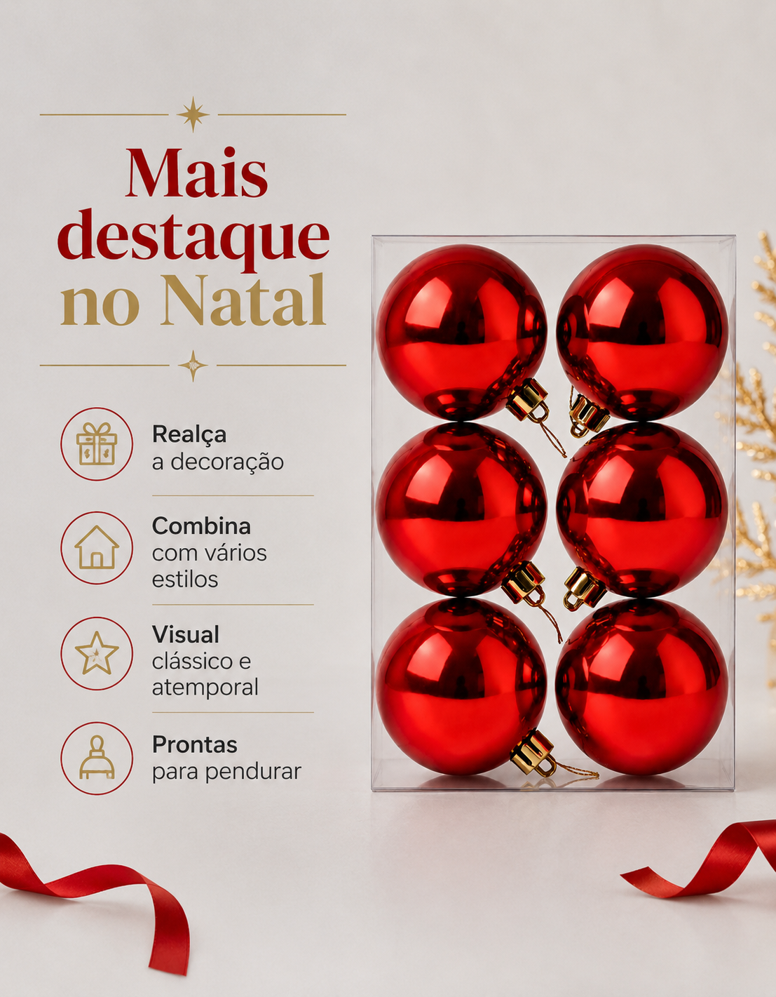Set of 6 Red Shiny Christmas Ornaments 8cm