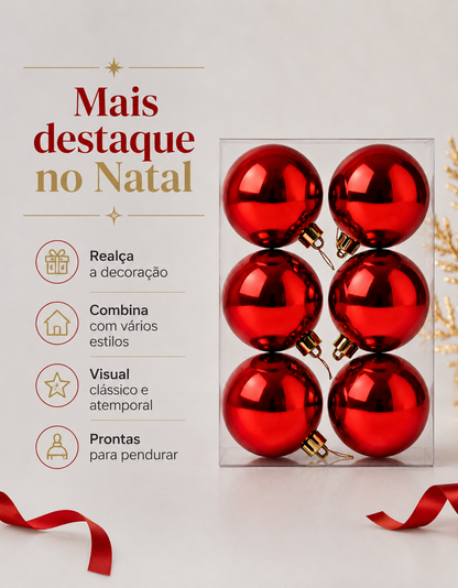 Set of 6 Red Shiny Christmas Ornaments 8cm