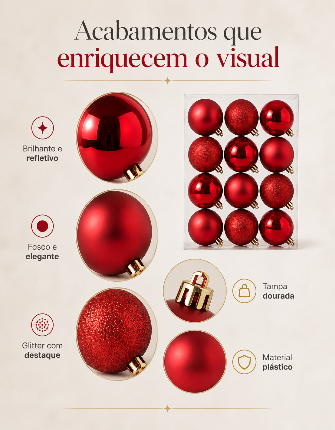 Set of 12 Red Christmas Ornaments 4cm - Shiny, Matte and Glitter