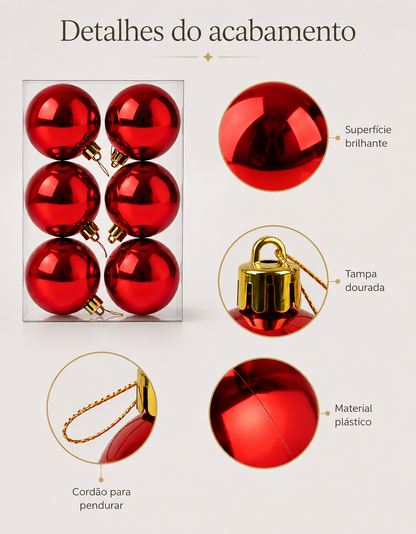 Set of 6 Red Shiny Christmas Ornaments 8cm