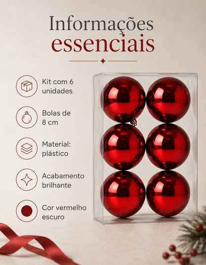 Set of 6 Dark Red Shiny Christmas Ornaments 8cm
