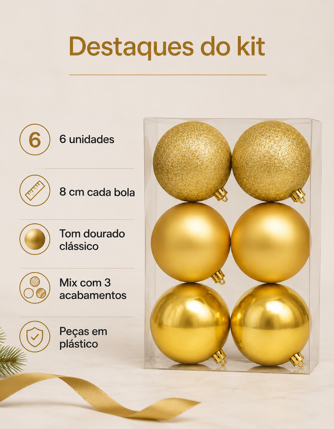Set of 6 Gold Christmas Ornaments 8cm - Shiny, Matte and Glitter