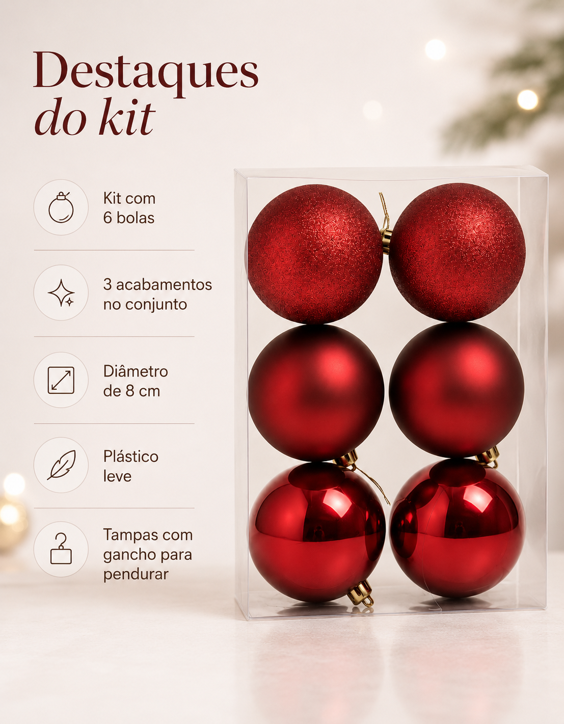 Set of 6 Dark Red Christmas Ornaments 8cm - Shiny, Matte and Glitter