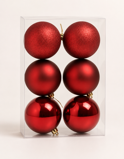 Set of 6 Dark Red Christmas Ornaments 8cm - Shiny, Matte and Glitter