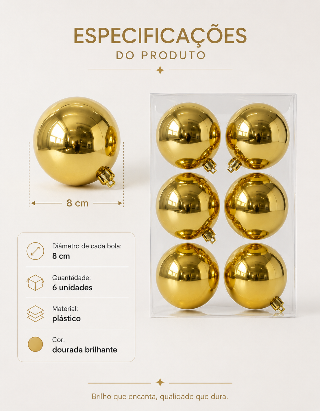Set of 6 Gold Shiny Christmas Ornaments 8cm